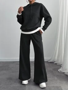 SHEIN Tall بدلة رياضية نسائية مقاس طويل من القطن، سويت شيرت بغطاء رأس مع تفاصيل حبل سحب، بنطال رياضي بقصة فضفاضة، كاجوال بلون موحد - الأسود - مشاهدة 5