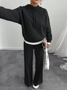 SHEIN Tall بدلة رياضية نسائية مقاس طويل من القطن، سويت شيرت بغطاء رأس مع تفاصيل حبل سحب، بنطال رياضي بقصة فضفاضة، كاجوال بلون موحد - الأسود - مشاهدة 7