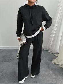 SHEIN Tall بدلة رياضية نسائية مقاس طويل من القطن، سويت شيرت بغطاء رأس مع تفاصيل حبل سحب، بنطال رياضي بقصة فضفاضة، كاجوال بلون موحد - الأسود - مشاهدة 8