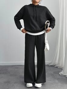 SHEIN Tall بدلة رياضية نسائية مقاس طويل من القطن، سويت شيرت بغطاء رأس مع تفاصيل حبل سحب، بنطال رياضي بقصة فضفاضة، كاجوال بلون موحد - الأسود - مشاهدة 6