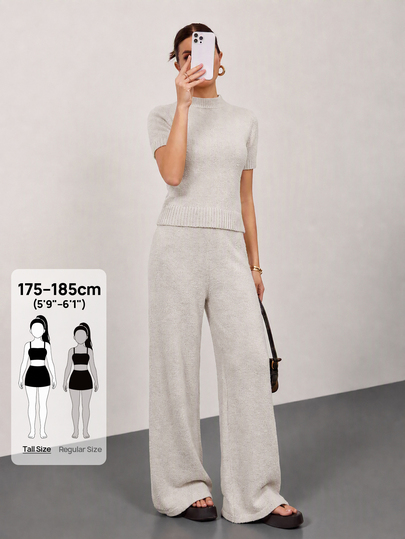 SHEIN Tall Women Comfy Cozy Drawstring Knit Top And Short 2pcs Set Everyday Travel Light Grey Autumn Casual Modest Basic Minimalist Lounge