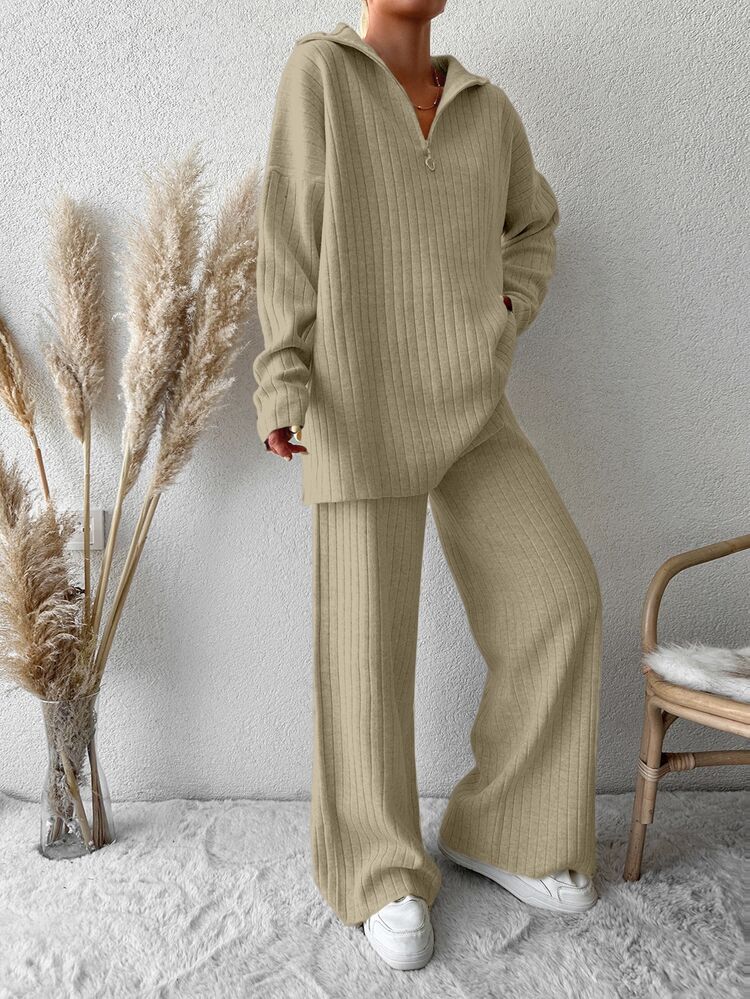 SHEIN Tall Tall Size Women Drop Shoulder Zipper Front Detailed Taupe Solid Color Sweater And Knitted High Waist Casual Minimalist Pants Two Pieces Set - Mocha Brown - View 4