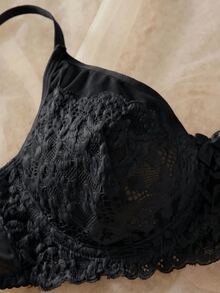 Crystal Vow Lace Patchwork Solid Color Underwire Push-Up Semi-Sheer Unlined Women's Bra - Black - View 5