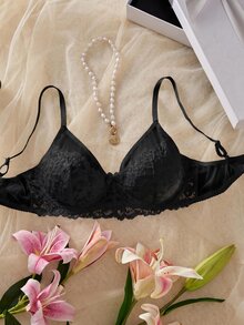 Crystal Vow Lace Patchwork Solid Color Underwire Push-Up Semi-Sheer Unlined Women's Bra - Black - View 7