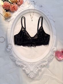 Crystal Vow Lace Patchwork Solid Color Underwire Push-Up Semi-Sheer Unlined Women's Bra - Black - View 2