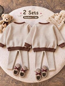 Baby Girl Striped Bow Print Sweatshirt & Pants Set - Multicolor - View 2