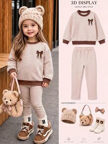 Baby Girl Striped Bow Print Sweatshirt & Pants Set - Multicolor - View 1