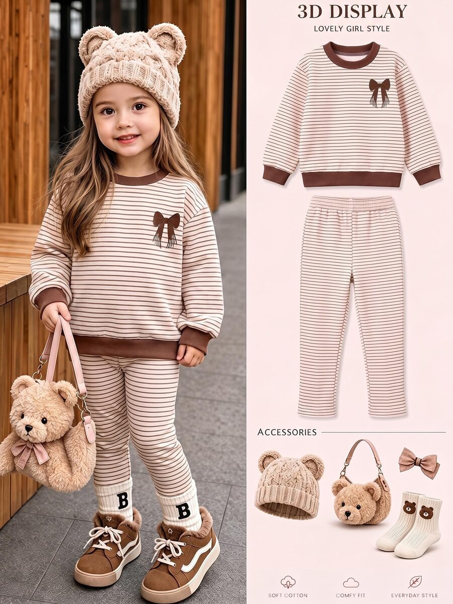Baby Girl Striped Bow Print Sweatshirt & Pants Set - Multicolor - View 1
