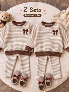 Baby Girl Striped Bow Print Sweatshirt & Pants Set - Multicolor - View 4