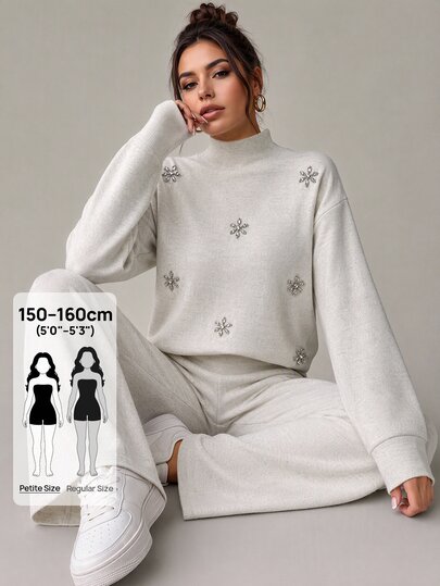 SHEIN PETITE Conjunto coordenado de 2 peças para mulher com camisola e calças de malha com strass e padrão floral