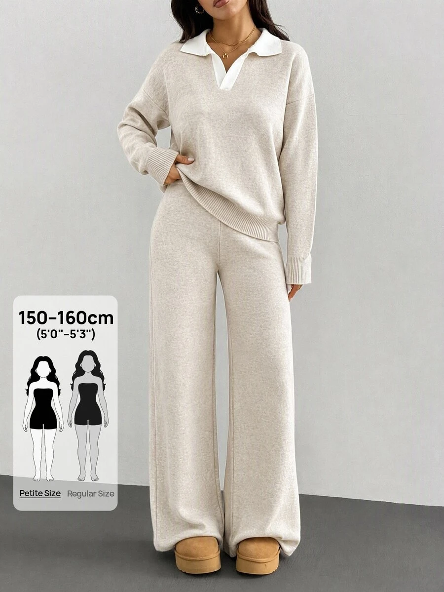 SHEIN PETITE طقم نسائي من قطعتين كنزة بياقة بولو ناعمة الملمس وبنطلون كنزة بتصميم متناسق أنيق - كريم - مشاهدة 1