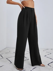 SHEIN PETITE Damen Petite-Größe schwarze einfarbige lässige elegante Basic-Anzughose mit hoher Taille und weitem Bein für Büro und Business, Herbst - Schwarz - Übersicht 2