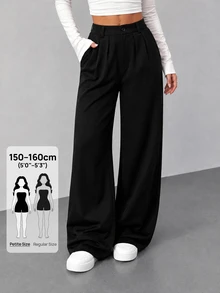 SHEIN PETITE Damen Petite-Größe schwarze einfarbige lässige elegante Basic-Anzughose mit hoher Taille und weitem Bein für Büro und Business, Herbst - Schwarz - Übersicht 1