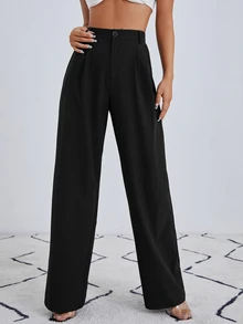 SHEIN PETITE Damen Petite-Größe schwarze einfarbige lässige elegante Basic-Anzughose mit hoher Taille und weitem Bein für Büro und Business, Herbst - Schwarz - Übersicht 6