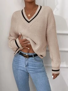 SHEIN PETITE كنزة نسائية بألوان متباينة وياقة على شكل حرف V كاجوال للاستخدام اليومي بأكمام طويلة - أبيض - مشاهدة 6