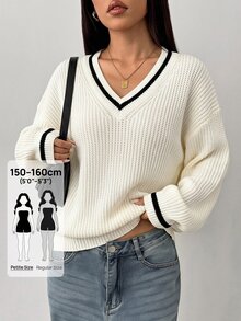 SHEIN PETITE كنزة نسائية بألوان متباينة وياقة على شكل حرف V كاجوال للاستخدام اليومي بأكمام طويلة - أبيض - مشاهدة 1