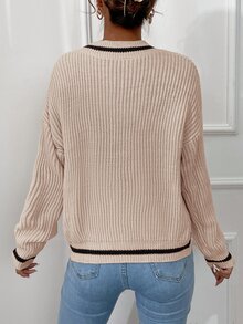 SHEIN PETITE كنزة نسائية بألوان متباينة وياقة على شكل حرف V كاجوال للاستخدام اليومي بأكمام طويلة - أبيض - مشاهدة 3