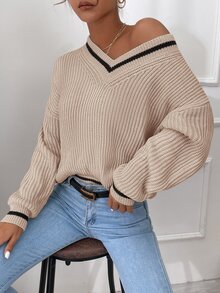 SHEIN PETITE كنزة نسائية بألوان متباينة وياقة على شكل حرف V كاجوال للاستخدام اليومي بأكمام طويلة - أبيض - مشاهدة 4
