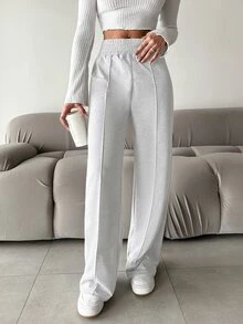 SHEIN PETITE بنطلون رياضي قطني للنساء بلون سادة للاستخدام اليومي البسيط - رمادي فاتح - مشاهدة 2