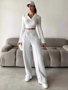 SHEIN PETITE بنطلون رياضي قطني للنساء بلون سادة للاستخدام اليومي البسيط - رمادي فاتح - مشاهدة 5