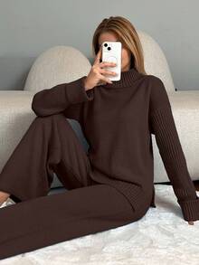 SHEIN PETITE طقم كاجوال نسائي بلون موحد يتكون من كنزة بياقة عالية وأكمام طويلة وأكتاف منسدلة وبنطال محبوك - بني - مشاهدة 6