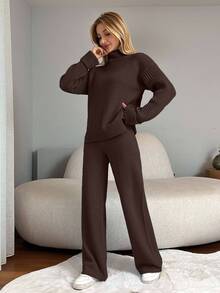 SHEIN PETITE طقم كاجوال نسائي بلون موحد يتكون من كنزة بياقة عالية وأكمام طويلة وأكتاف منسدلة وبنطال محبوك - بني - مشاهدة 4