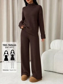SHEIN PETITE طقم كاجوال نسائي بلون موحد يتكون من كنزة بياقة عالية وأكمام طويلة وأكتاف منسدلة وبنطال محبوك - بني - مشاهدة 1