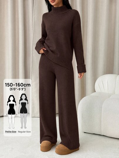 SHEIN PETITE Women's Solid Color High Neck Drop Shoulder Long Sleeve Sweater And Knit Pants Casual Set
