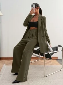 SHEIN PETITE بنطلون بدلة نسائي بقصة فضفاضة بلون أخضر زيتوني سادة، كاجوال للعمل والمكتب في فصل الربيع - أخضر عسكري - مشاهدة 5
