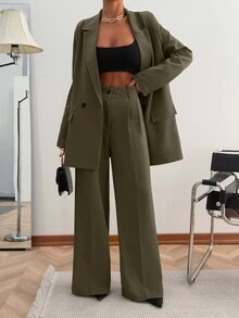 SHEIN PETITE بنطلون بدلة نسائي بقصة فضفاضة بلون أخضر زيتوني سادة، كاجوال للعمل والمكتب في فصل الربيع - أخضر عسكري - مشاهدة 2