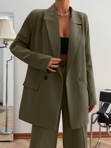 SHEIN PETITE بنطلون بدلة نسائي بقصة فضفاضة بلون أخضر زيتوني سادة، كاجوال للعمل والمكتب في فصل الربيع - أخضر عسكري - مشاهدة 6