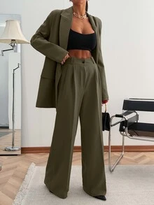 SHEIN PETITE بنطلون بدلة نسائي بقصة فضفاضة بلون أخضر زيتوني سادة، كاجوال للعمل والمكتب في فصل الربيع - أخضر عسكري - مشاهدة 8