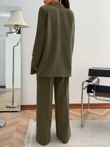 SHEIN PETITE بنطلون بدلة نسائي بقصة فضفاضة بلون أخضر زيتوني سادة، كاجوال للعمل والمكتب في فصل الربيع - أخضر عسكري - مشاهدة 3
