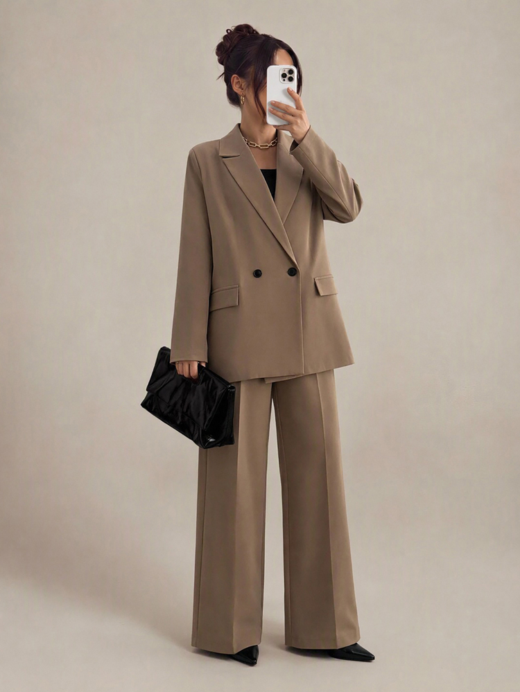 SHEIN PETITE Petite Women's Solid Mocha Brown Color Loose Fit Suit Pant Oversize Business Professional Suit Blazer For Casual Elegant Wear Office Work Autumn - Beige - View 2