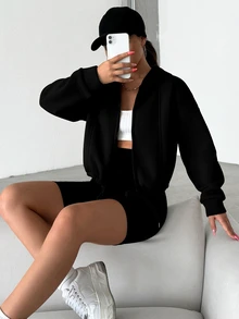 SHEIN PETITE Petite Size Women's Hooded Solid Black Casual Sweatshirt With Drop Shoulder And Drawstring Design And Front Zipper Travel Autumn Everyday - Black - View 4