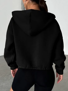 SHEIN PETITE Petite Size Women's Hooded Solid Black Casual Sweatshirt With Drop Shoulder And Drawstring Design And Front Zipper Travel Autumn Everyday - Black - View 3