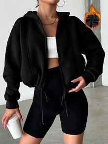 SHEIN PETITE Petite Size Women's Hooded Solid Black Casual Sweatshirt With Drop Shoulder And Drawstring Design And Front Zipper Travel Autumn Everyday - Black - View 2