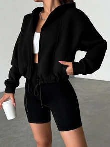 SHEIN PETITE Petite Size Women's Hooded Solid Black Casual Sweatshirt With Drop Shoulder And Drawstring Design And Front Zipper Travel Autumn Everyday - Black - View 5