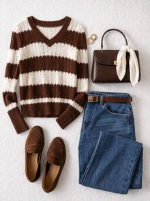 Pariaura Contrast Stripe V-Neck Ribbed Knit Sweater Slim Fit Long Sleeve Pullover - Brown - View 8