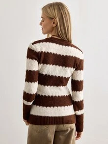 Pariaura Contrast Stripe V-Neck Ribbed Knit Sweater Slim Fit Long Sleeve Pullover - Brown - View 2