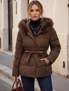 Faunlyn Women's Solid Color Plush Hooded Casual Versatile Winter Padded Coat - Brown - View 1