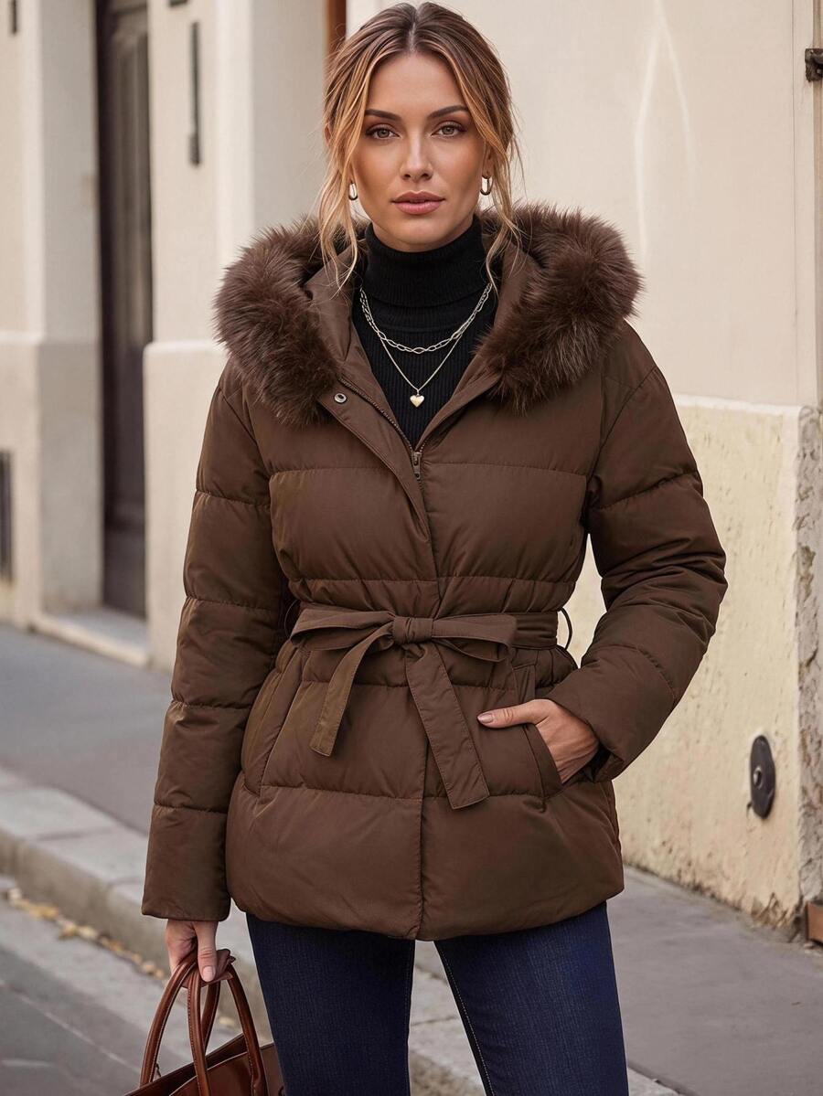Faunlyn Women's Solid Color Plush Hooded Casual Versatile Winter Padded Coat - Brown - View 1