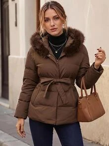 Faunlyn Women's Solid Color Plush Hooded Casual Versatile Winter Padded Coat - Brown - View 6