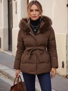 Faunlyn Women's Solid Color Plush Hooded Casual Versatile Winter Padded Coat - Brown - View 5