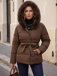 Faunlyn Women's Solid Color Plush Hooded Casual Versatile Winter Padded Coat - Brown - View 4