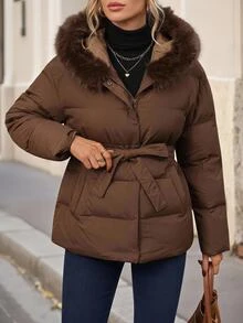 Faunlyn Women's Solid Color Plush Hooded Casual Versatile Winter Padded Coat - Brown - View 8