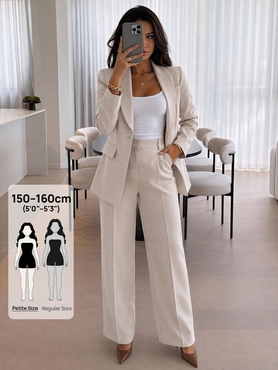 SHEIN PETITE Ensemble de costume décontracté pour femmes de petite taille avec blazer à col châle, manches longues, couleur abricot unie et pantalon taille haute avec détails de poches