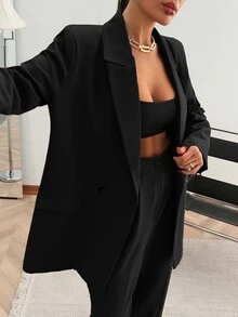 SHEIN PETITE Petite Size Solid Black Color Loose Fit Elegant Suit Set - Black - View 7