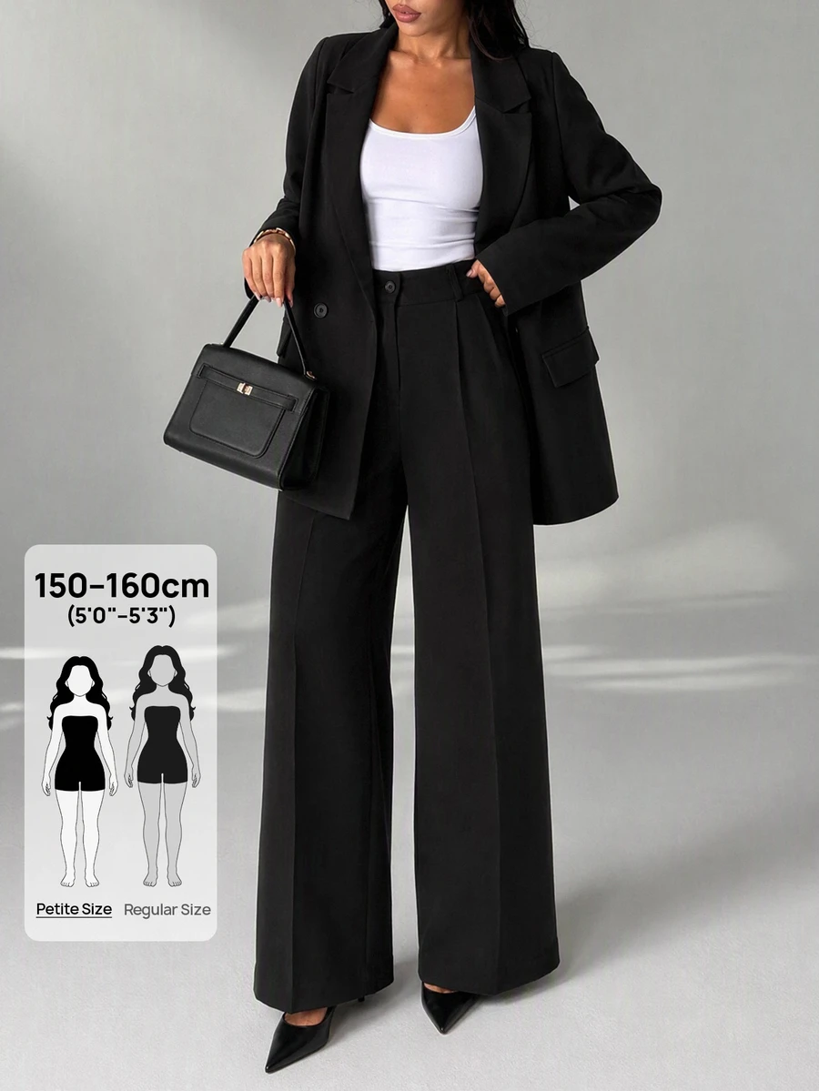 SHEIN PETITE Petite Size Solid Black Color Loose Fit Elegant Suit Set - Black - View 1