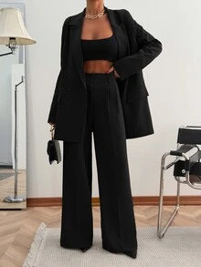 SHEIN PETITE Petite Size Solid Black Color Loose Fit Elegant Suit Set - Black - View 2